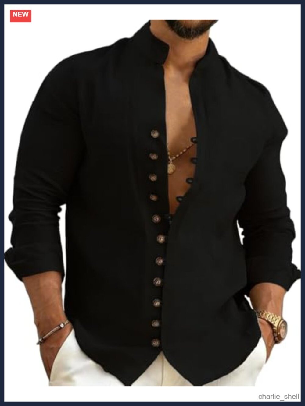 Mens Long Sleeve Button Down Shirt Loose Fit Banded Collar Cotton Blend Vintage